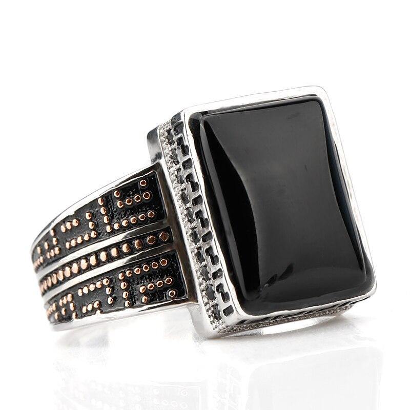 Black Ring for Men Pure 925 Sterling Silver Ring Rectangel 