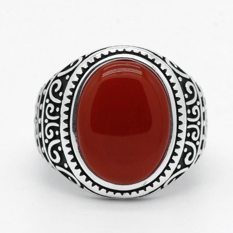 Men Ring Agate Opal Gemstone Red Carved Silver Vintage Oval Aqeeq Size –  AGARTA